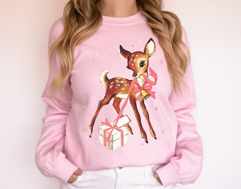 Retro Reindeer Pink Christmas Sweatshirt