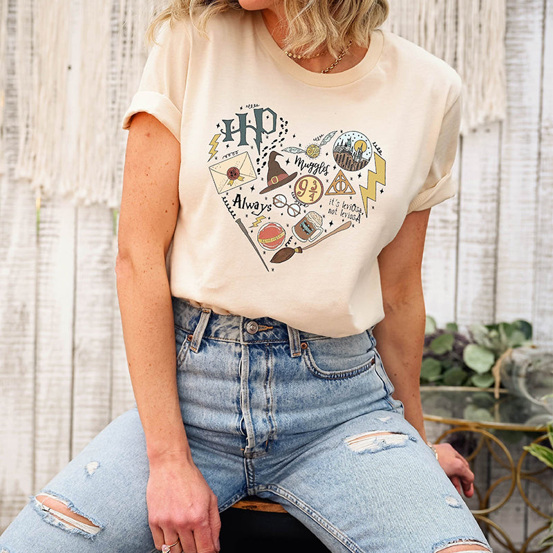 Hogwarts School Print Round Neck Casual T-shirt